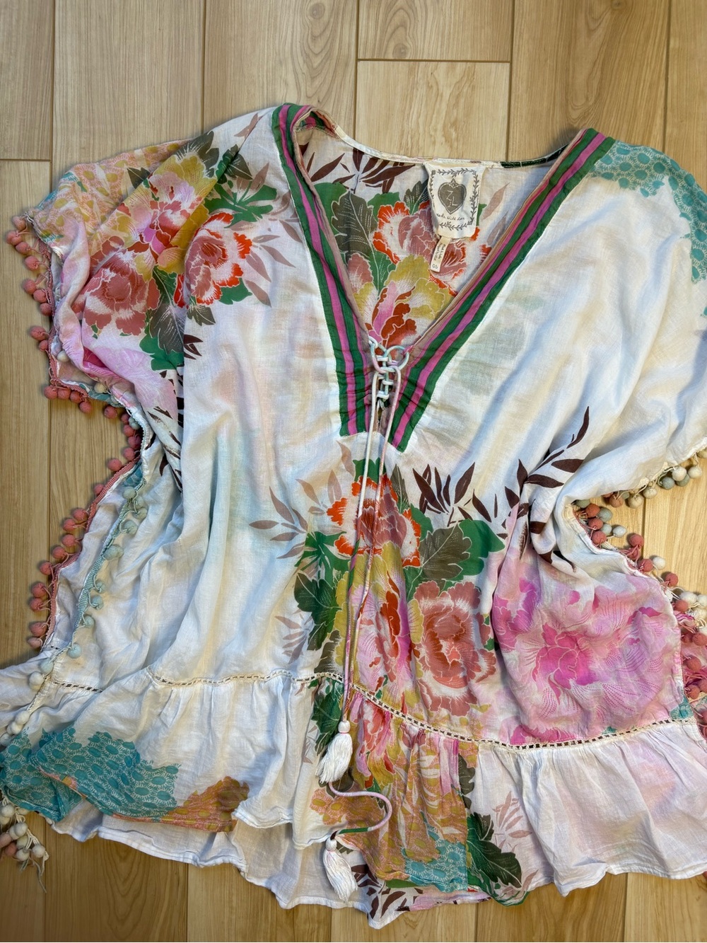 Z&L Boho Floral Pom Pom Tie-Front Swim Coverup Resort Beach Pool Relaxed